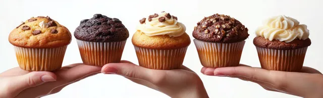 Five assorted cupcakes with toppings presented in open hands against a white background