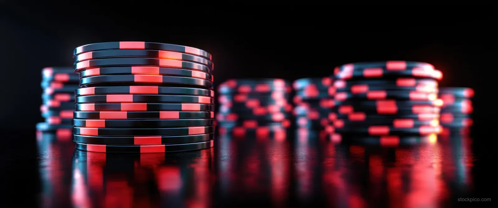 Red and black poker chips stacked in darkness with red neon reflections and dramatic shadows.