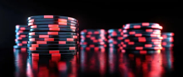 Poker chips stacked in a dark casino scene with red neon reflections and shadows