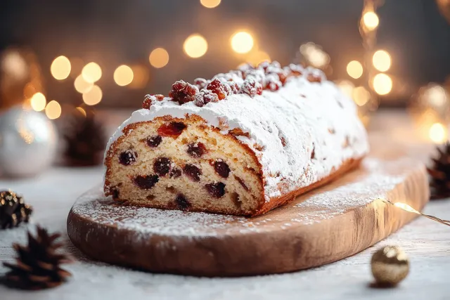 Sliced fruitcake dusted with powdered sugar on a wooden board with red berries and pine cones in soft holiday bokeh.