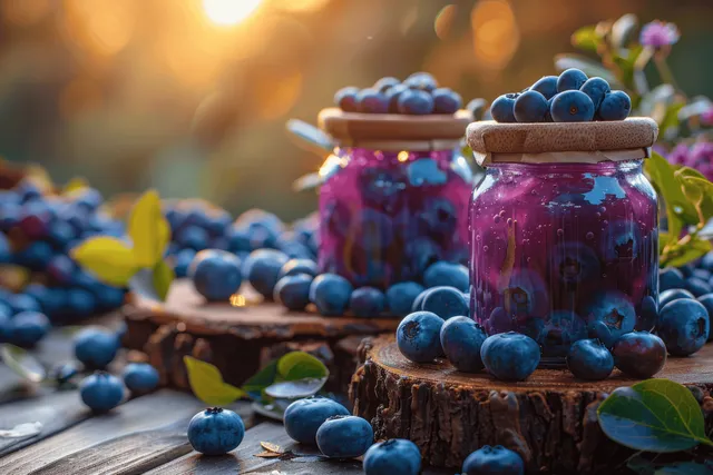 Glass jars of blueberry jam with wooden lids on a rustic table with scattered fresh blueberries.