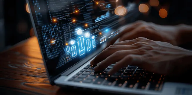 Hands typing on a laptop screen showing HR dashboard charts and recruitment workflow icons.