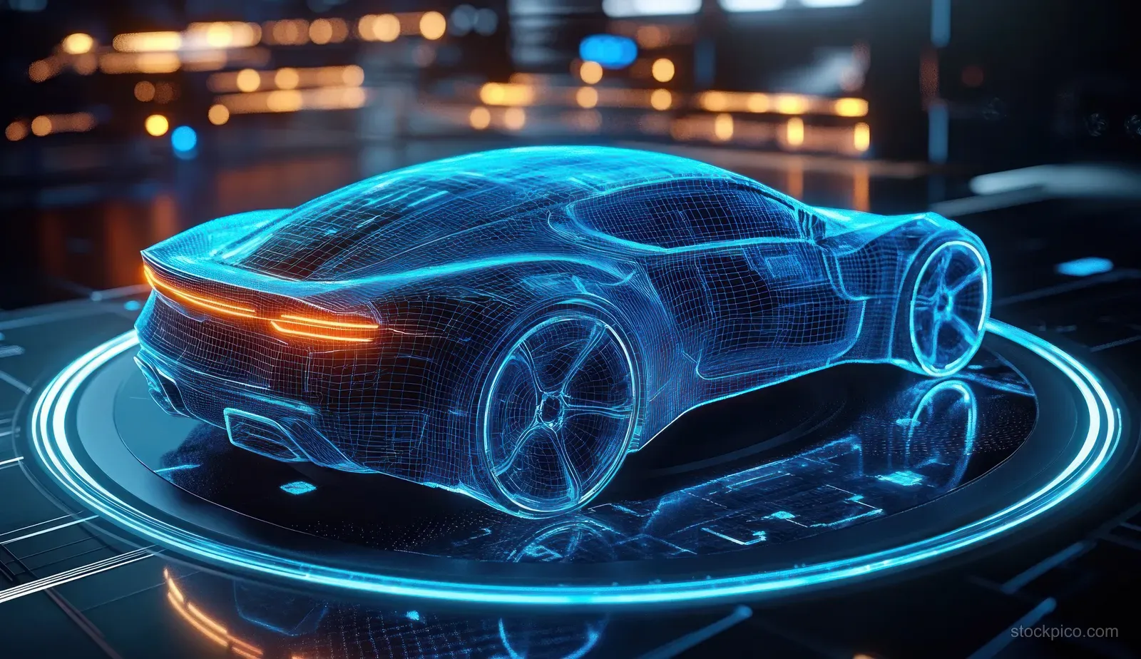 Blue wireframe sports car with orange tail lights displayed on a glowing circular platform in a dark tech scene.