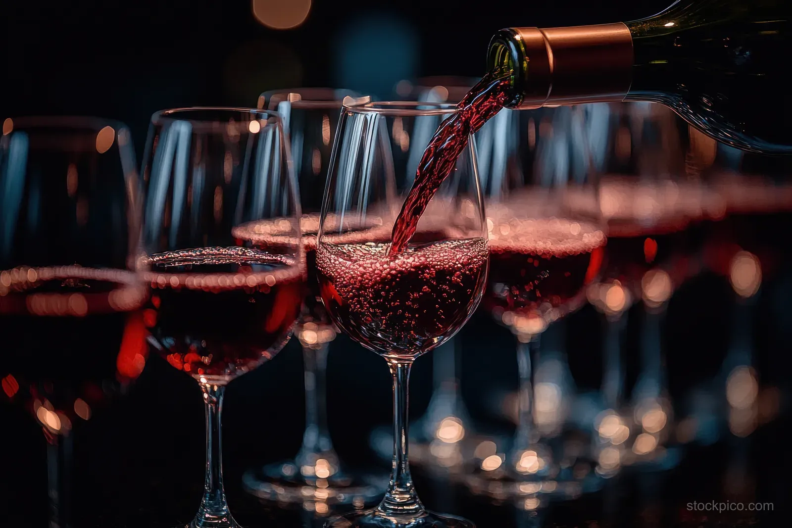 Red wine pours into a stemmed glass while other filled wine glasses glow under warm lights at night.