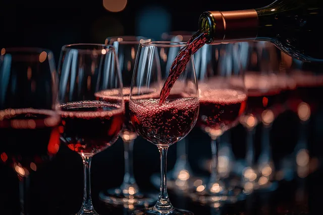 Red wine poured into a glass with glowing row of filled stemware at night