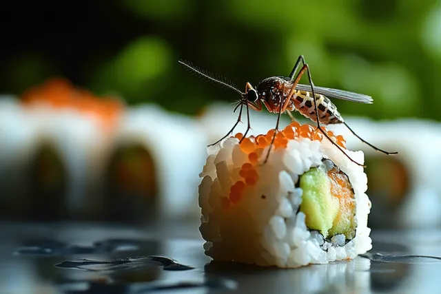 A mosquito perched on a sushi roll with orange fish roe and green avocado, blurred green and orange background behind it.