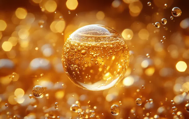 A transparent golden sphere of shimmering liquid surrounded by glossy micro-bubbles glowing in warm light.