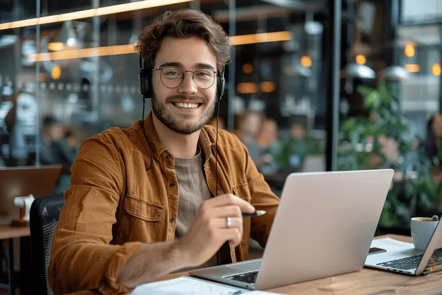 Smiling young businessman signs documents while typing on laptop in bright modern office