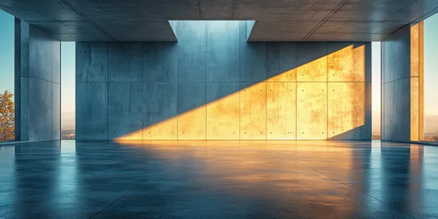 Empty concrete gallery interior with a bright diagonal sunbeam across the wall and floor.