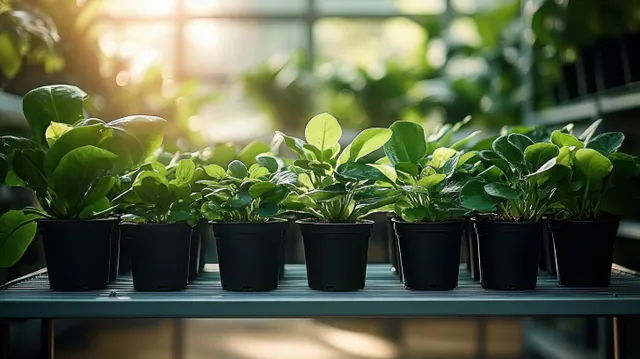 Row of small leafy plants in black pots on sunlit shelf