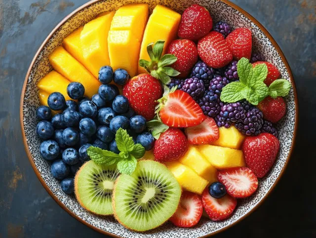 Close-up of a bowl piled with mango cubes, strawberries, blueberries, kiwi slices, and mint leaves.