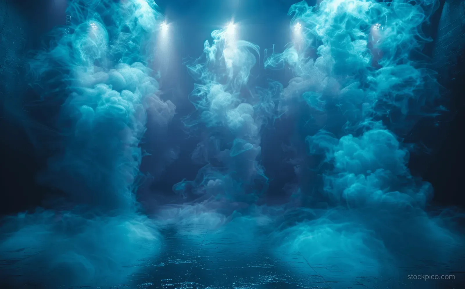 Swirling blue smoke fills an empty stage as two spotlights shine down onto the dark floor.