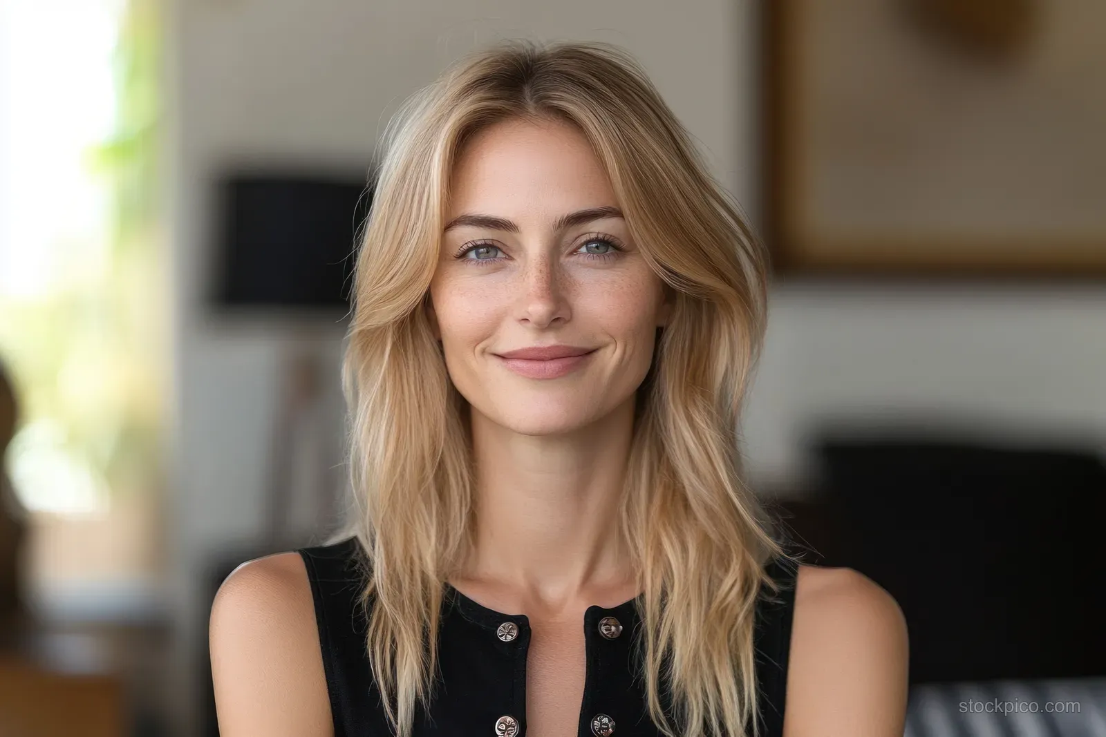 A blonde woman smiles in a modern living room, relaxing on a sofa under soft natural light.