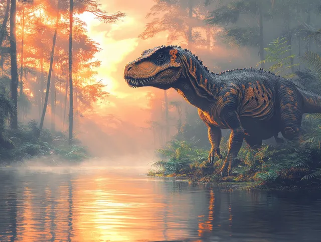 A mythical Bunyip predator emerges from a misty tropical rainforest by a river, illuminated by golden sunrise light.
