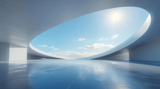 Curved white architectural wall over a concrete floor under a blue sky with soft reflections.