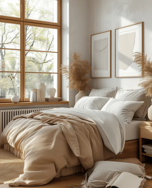Light linen bed in a bohemian bedroom with vertical picture-frame mockups on the wall near a sunlit window.