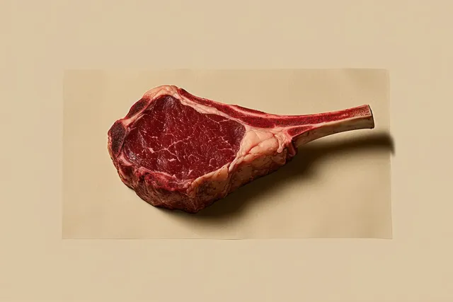 Raw bone-in ribeye steak with visible marbling and bone placed on a beige textured surface under natural light.