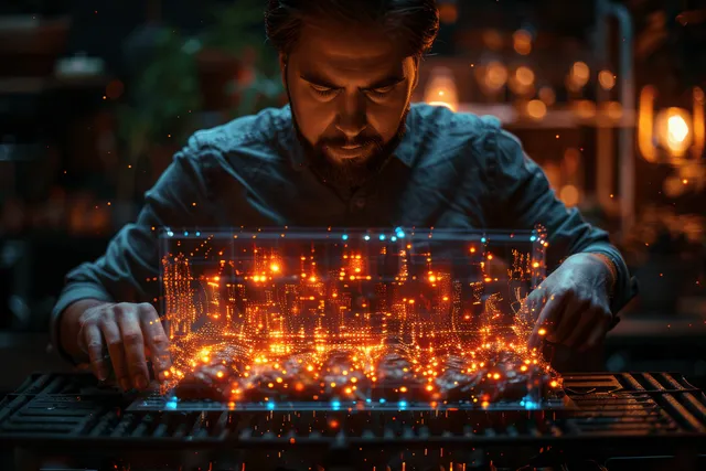Businessman uses laptop with glowing hologram interface for quality control inspection