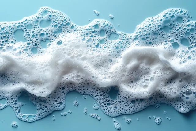 White foamy cleanser mousse with tiny bubbles spread over a smooth blue background.
