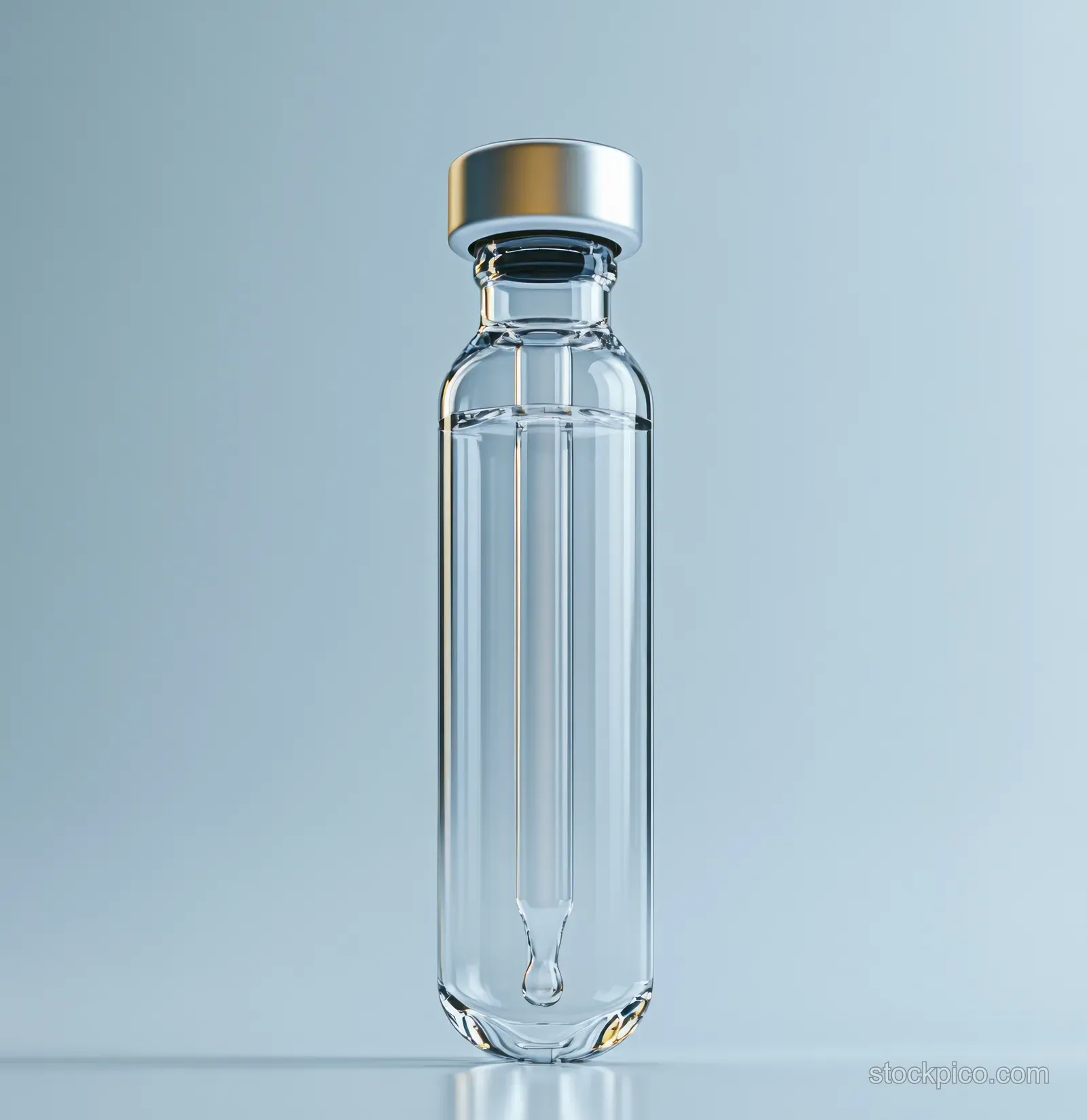 A transparent glass medical ampoule with a golden cap shows small bubbles on a clean white reflective background.