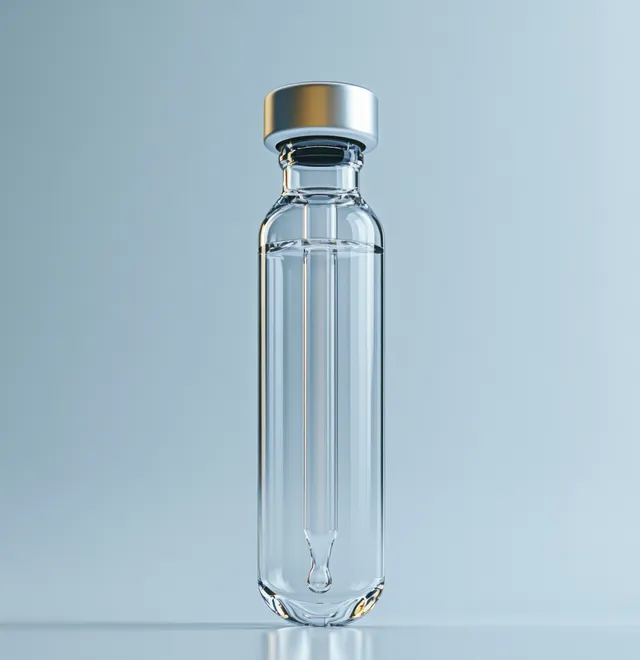 Clear medical ampoule with golden cap and visible bubbles on white reflective background