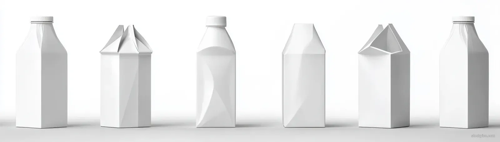 Unlabeled white milk and juice cartons stand in a row on a light background with soft shadows.