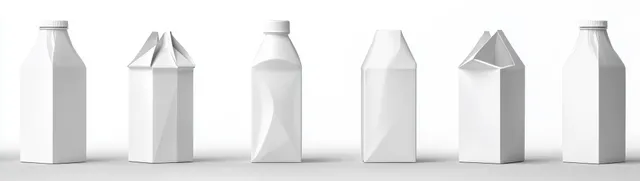 Unlabeled white milk and juice cartons stand in a row on a light background with soft shadows.