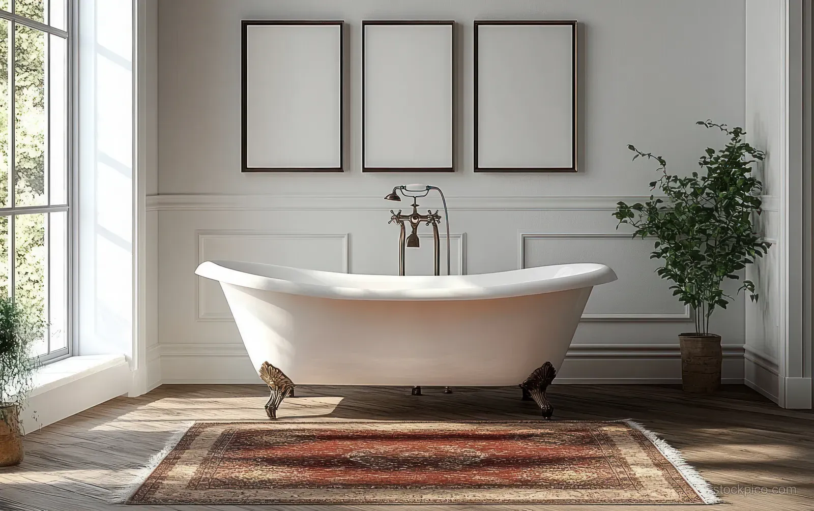 Vintage clawfoot bathtub sits in a minimalist bathroom under natural window light with three empty frames on the wall.