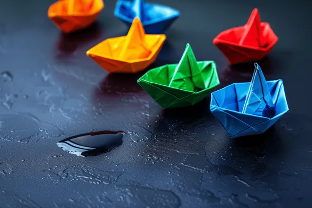 Colorful origami boats on a wet dark surface with scattered water droplets and reflections