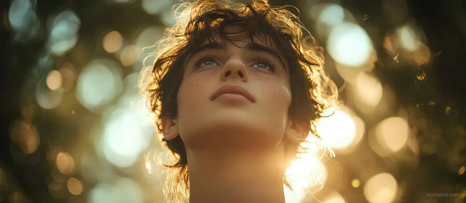 A young man looks up in tears while warm sunlight and bokeh glow around his face outdoors.