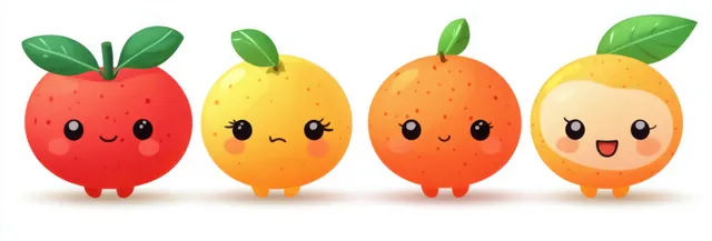 Four smiling cartoon citrus fruits with green leaves stand on a white background.
