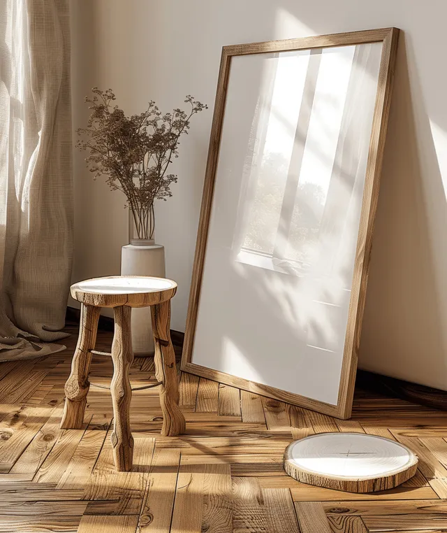 A rustic wooden picture frame mockup leans beside a small stool on sunlit parquet flooring in a minimalist room.