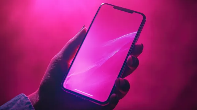 Hand holding glowing smartphone with pink screen against vibrant magenta background