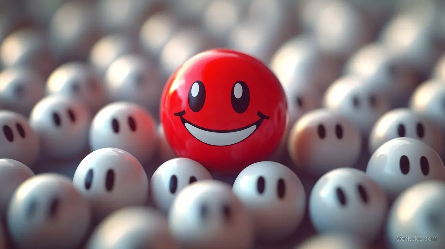A red smiling ball stands out in a crowded field of smaller white balls with simple face marks.
