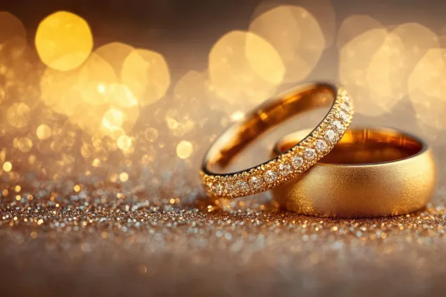 Two golden diamond rings resting on glittering surface with warm bokeh lights behind