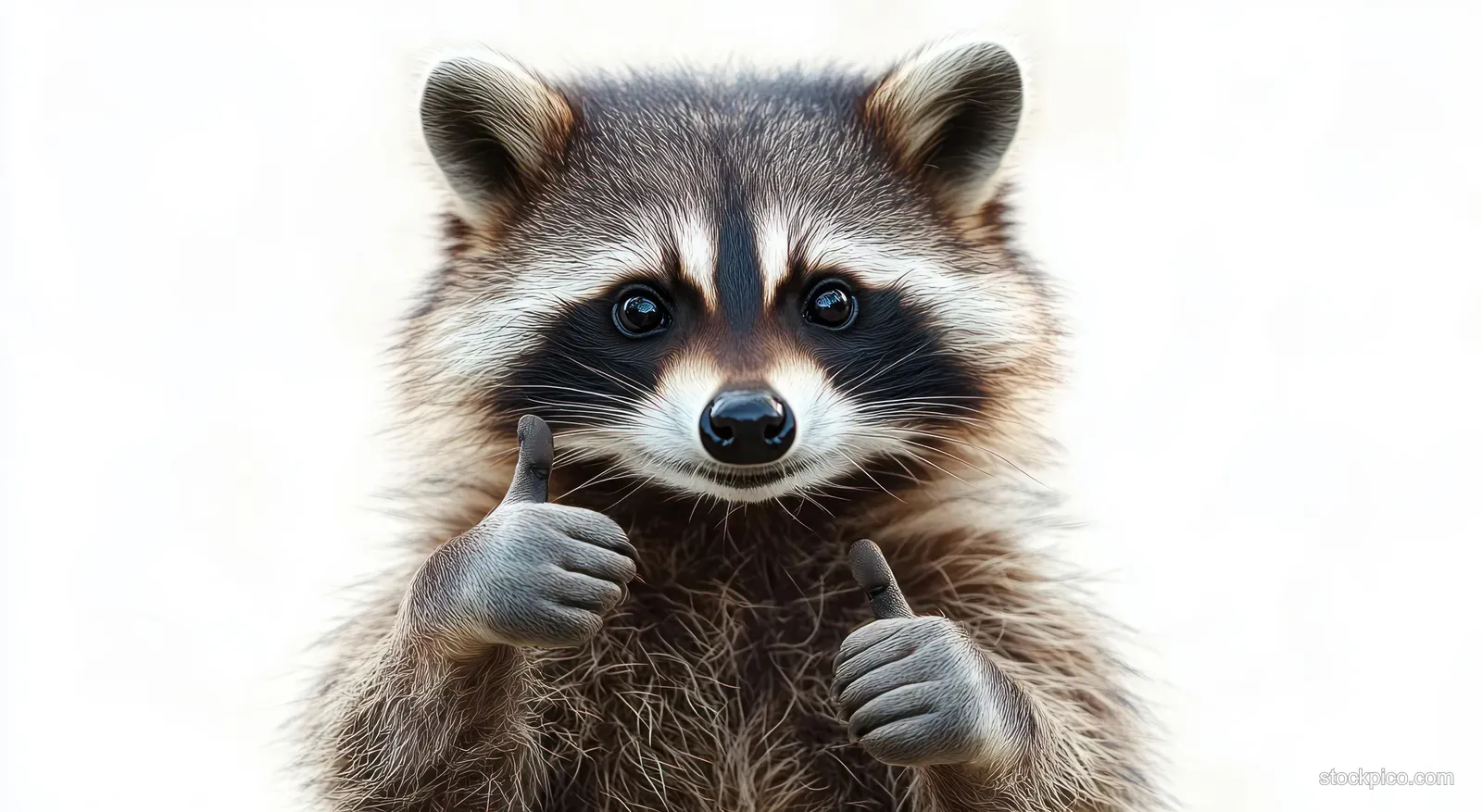 A raccoon faces the camera giving a thumbs up gesture against a plain light background.