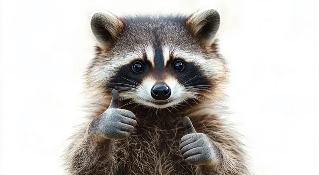 A raccoon faces the camera giving a thumbs up gesture against a plain light background.