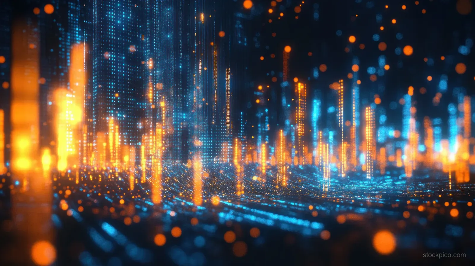 Abstract cityscape with glowing vertical columns and floating blue and orange particle lights in the distance.