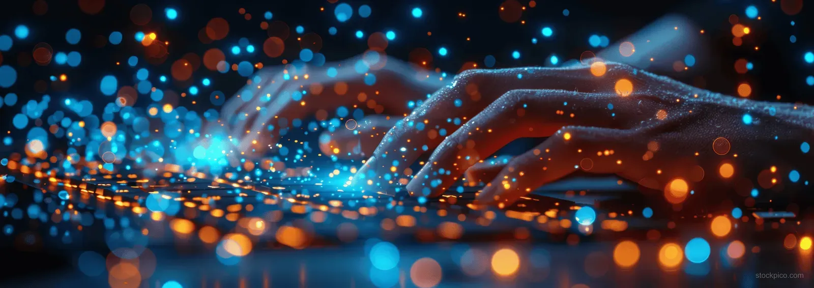Hands typing on a laptop with blue and orange glowing light effects.