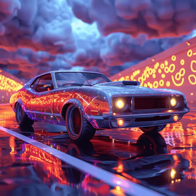 Neon psychedelic muscle car drives on a reflective futuristic road with glowing number patterns and colorful clouds behind it.