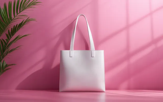 White tote bag displayed upright on a soft pink background with shadows and blank copy space.