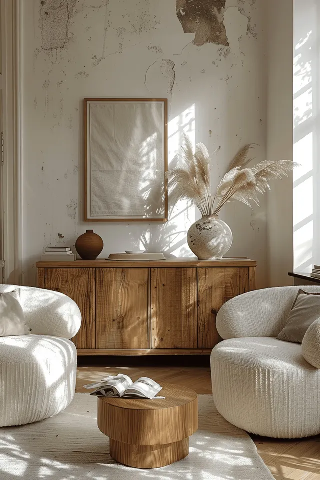 Sunlit minimalist living room with wooden sideboard, white armchairs, and framed wall mockup with Warm Wood Accents