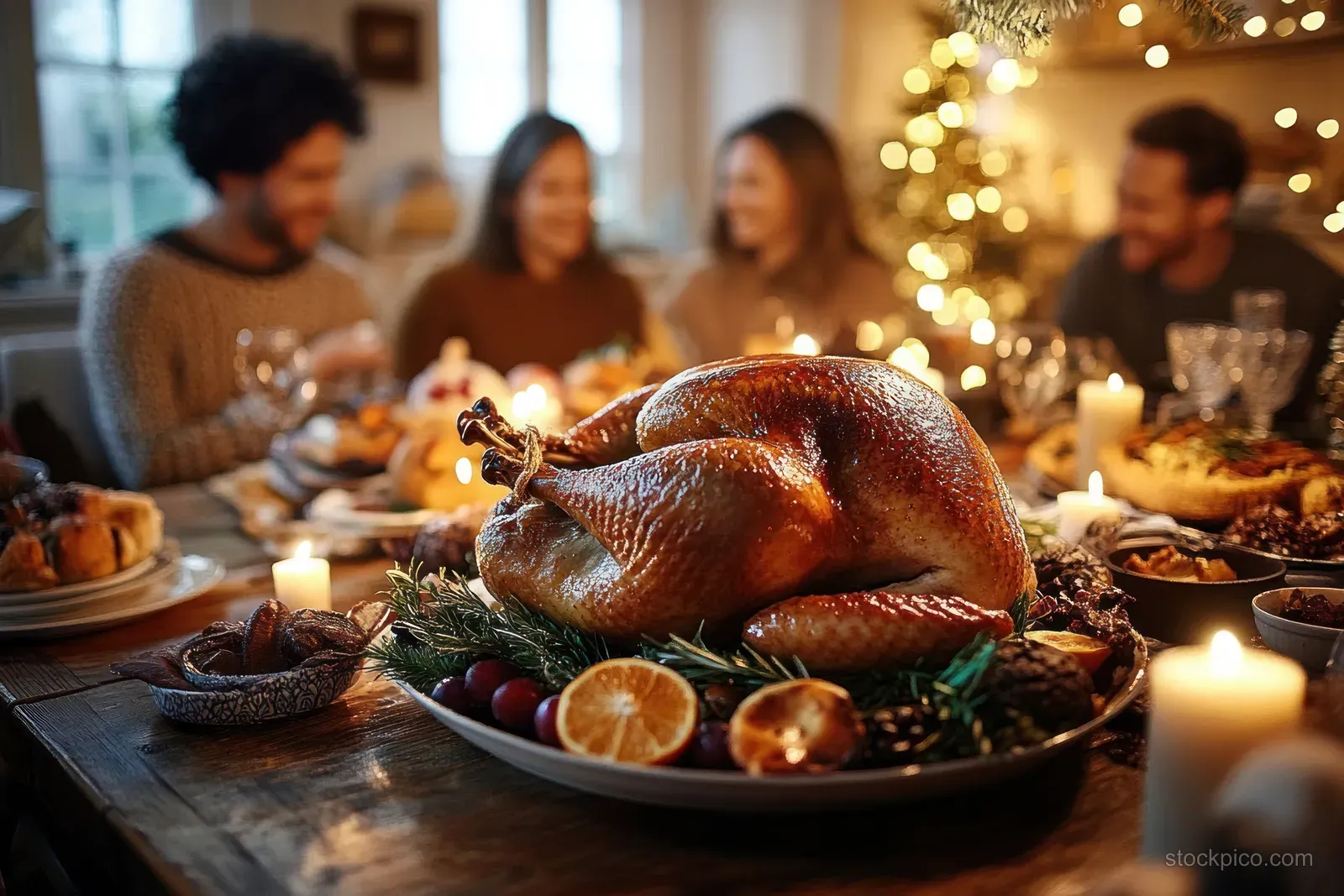 A roasted turkey centerpiece sits on a dinner table while a man serves it during a Thanksgiving gathering indoors.