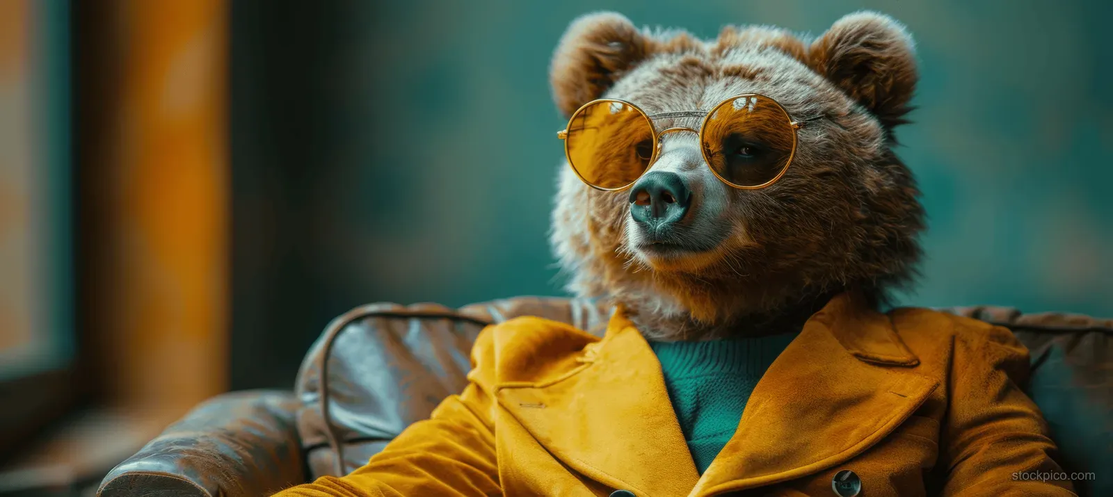 A stylish bear wearing round sunglasses and a yellow suit jacket sits posed against a softly blurred background.
