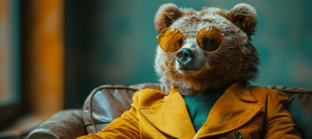 Stylish bear in green shirt and yellow suit with round sunglasses in studio