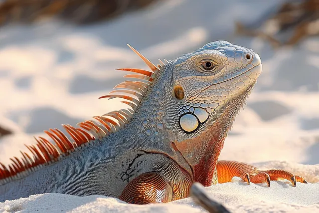 An iguana rests on light sandy ground with textured skin and bright orange spines in soft daylight.