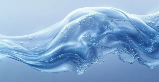Transparent blue liquid wave with suspended bubbles flows across a soft blue gradient background.