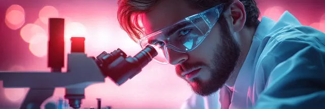 Masked scientist in a lab coat studies through a microscope amid laboratory glassware and bright colored lighting.