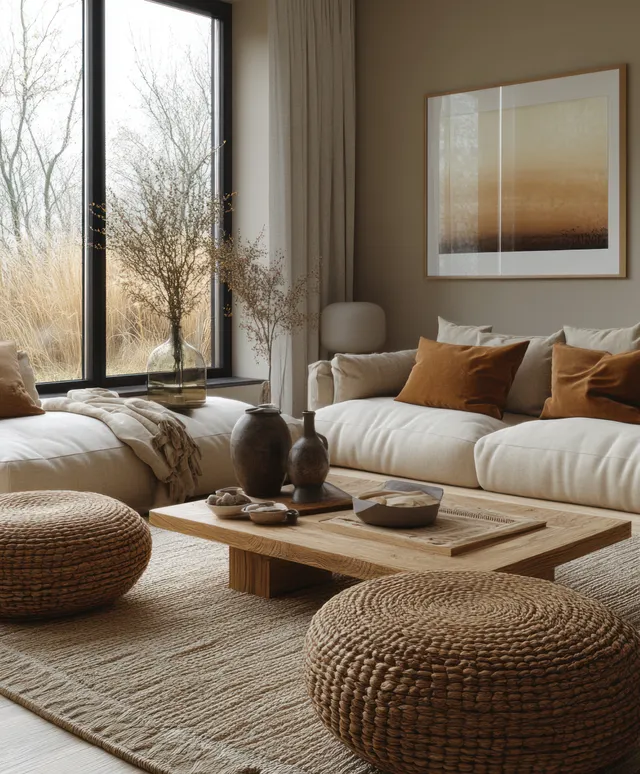 Neutral Scandinavian living space with wood table, woven seating, and sunlit windows framing the room.