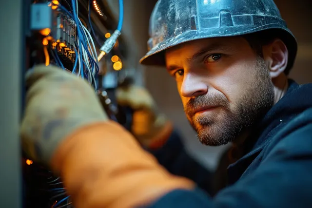 Electrician wearing a safety helmet and gloves repairs an indoor electrical panel with exposed wires and components.